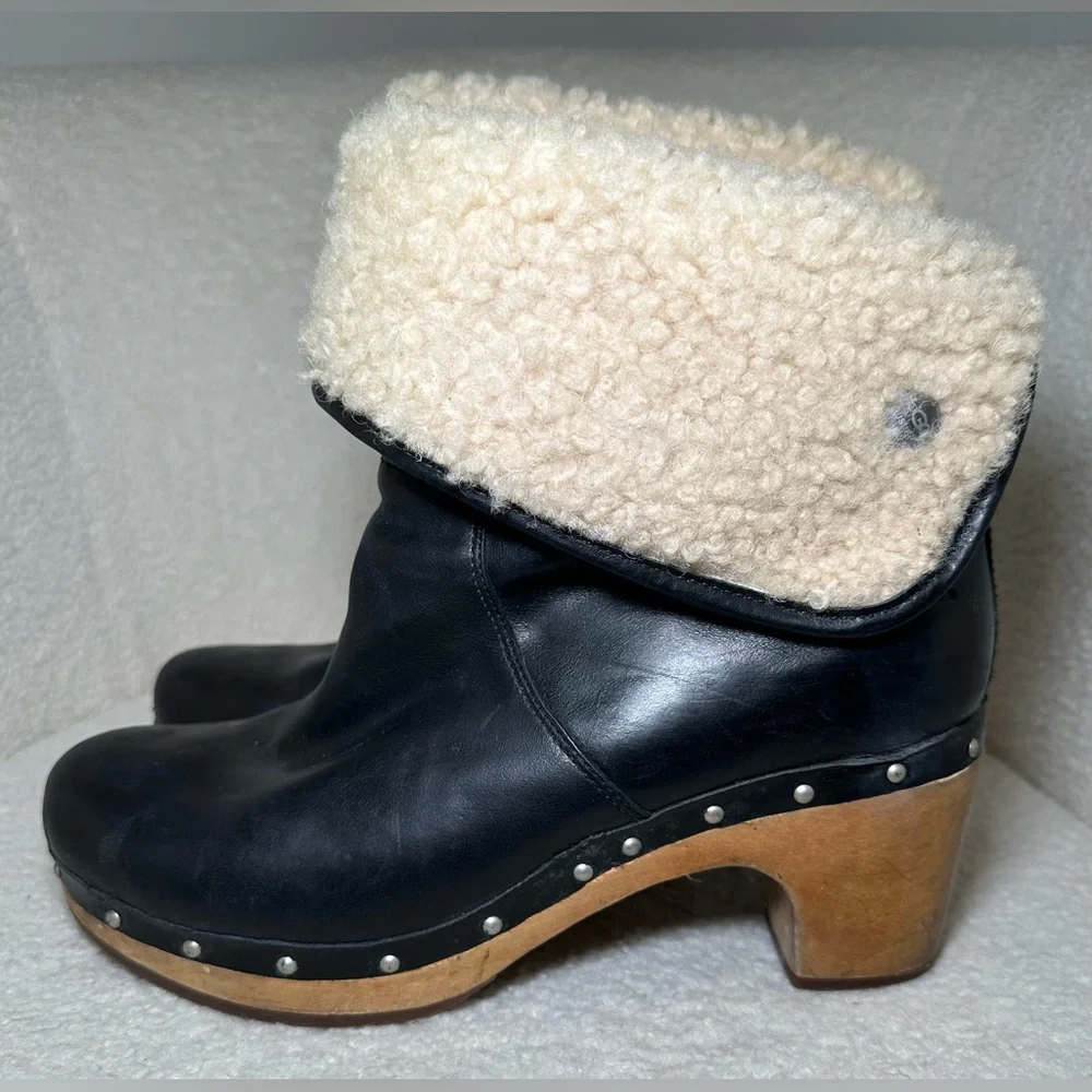 UGG Lynnea 1958 black leather boots booties fold over shearling‎ warm cozy thick